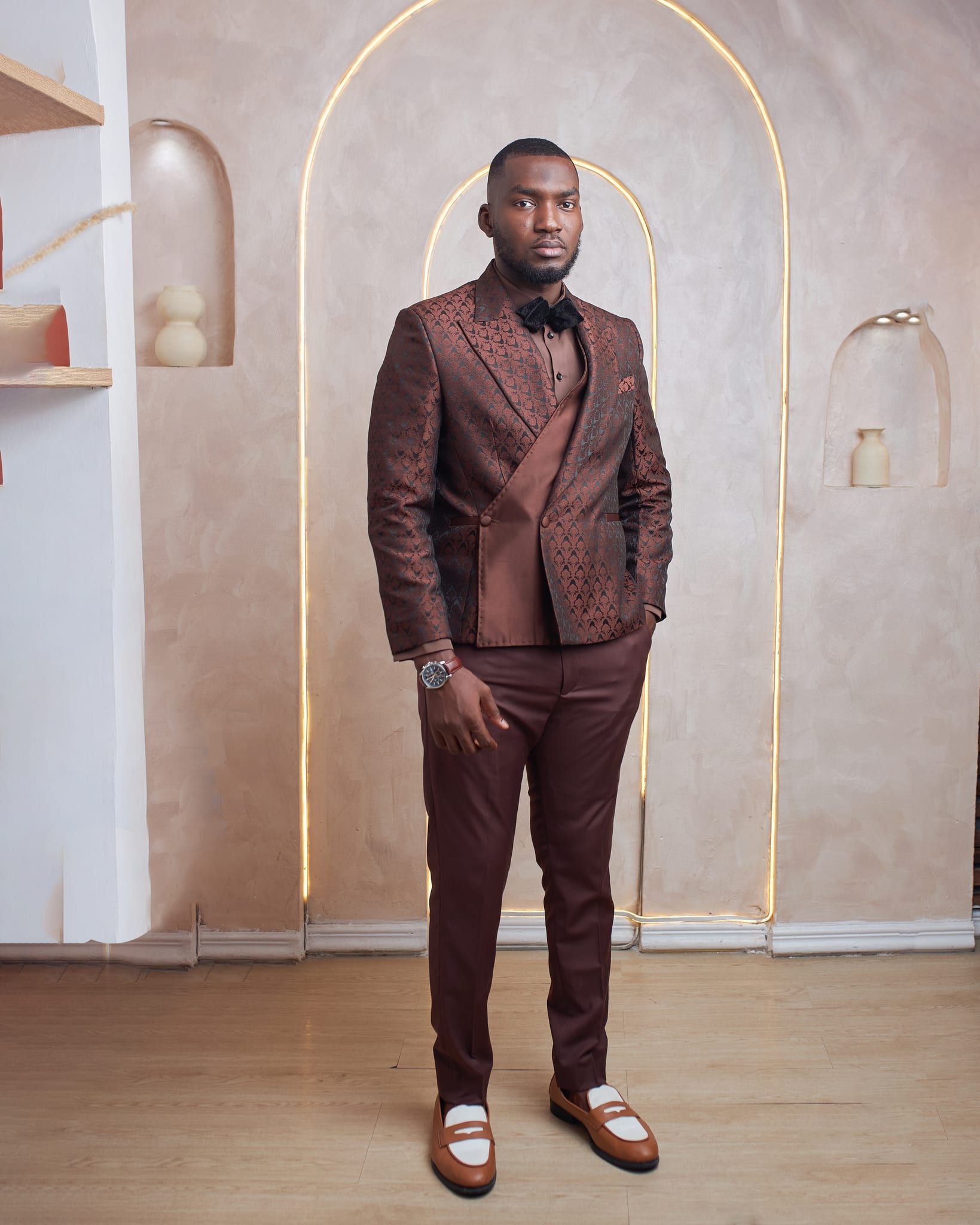 Candy-Apple Brown Blazer and Trousers Outfit