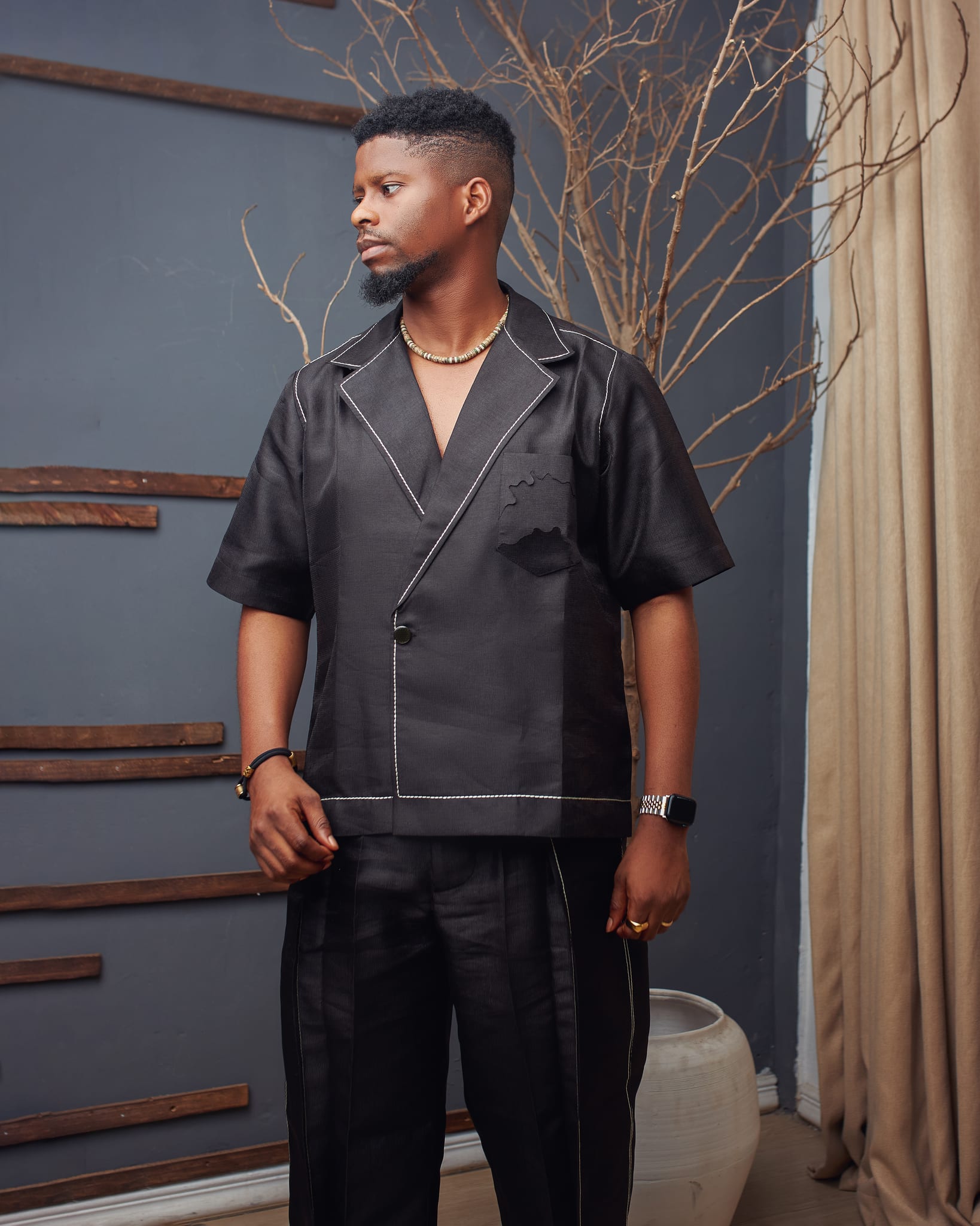 Charcoal Gray Camp Collar Shirt and Pants Set